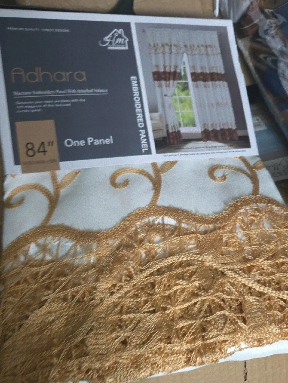 Embroidered Curtain Panel in Beige with Gold Motif